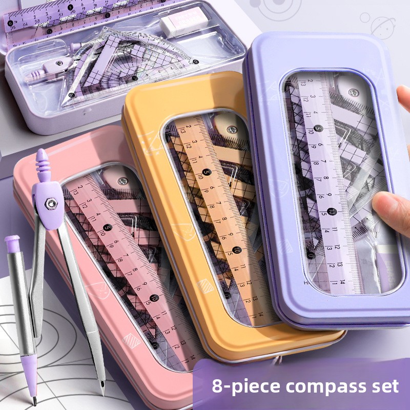 Math Geometry Set With Compass - ชุดอุปกรณ์เรขาคณิต 8 ชิ้น สำหรับนักเรียน ประกอบด้วย วงเวียน