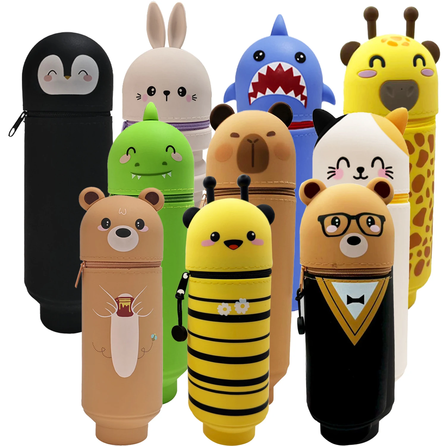 School Supplies - กล่องดินสอลายสัตว์น่ารัก แบบ 2-in-1 พร้อมช่องใส่ปากกาแบบมีซิป กล่องดินสอซิลิโคนเนื้อนุ่ม เหมาะสำหรับใช้ในโรงเรียนและสำนักงาน
